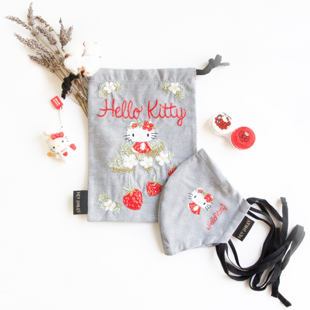牛津紡口罩連索繩袋套裝 (成人尺寸)– Hello Kitty (灰色)