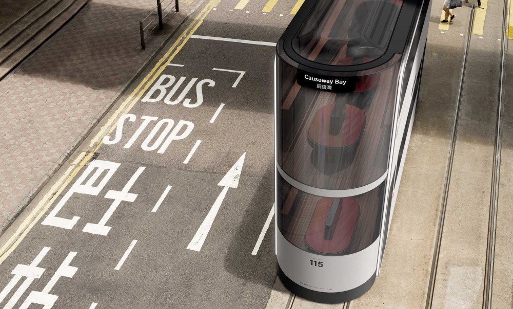 概念電車以白色為主調,外型簡約,加上採用大面積嘅玻璃與圓角設計