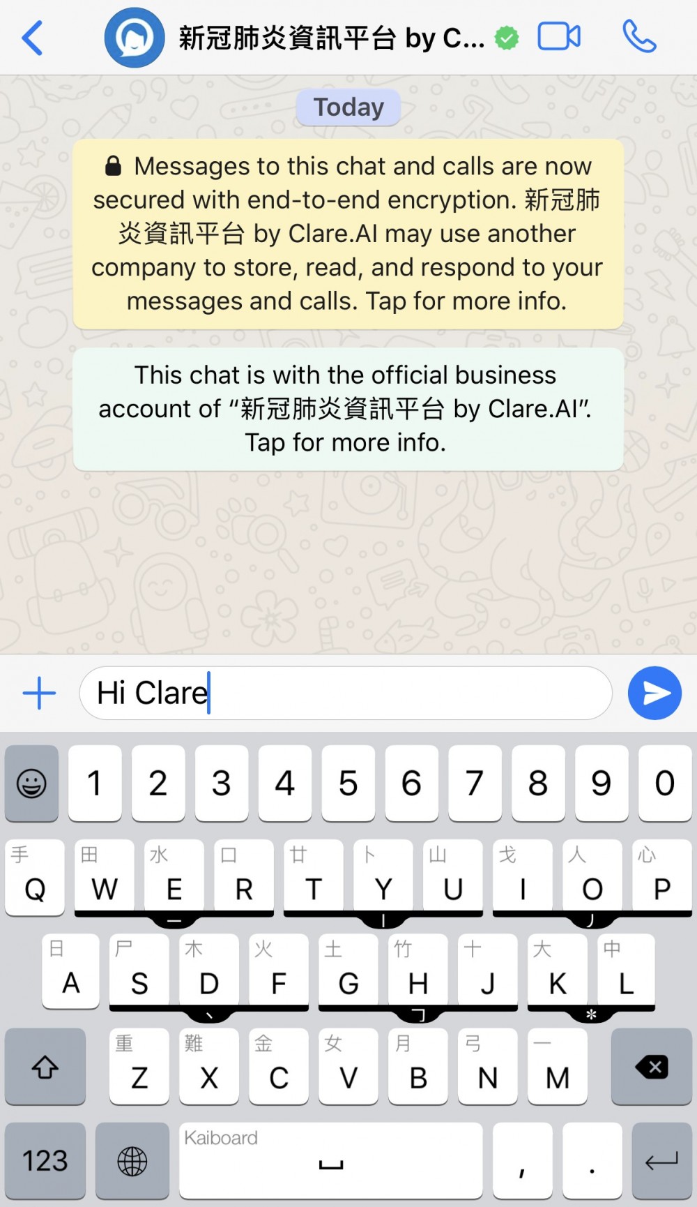 輸入「hi Clare」後,聊天匣會顯示搜尋指示。