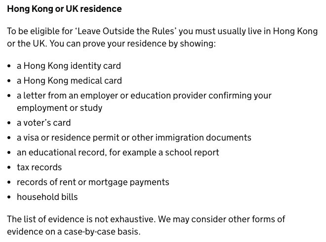 英國就喺官方網站中列出申請人必須提供嘅證明文件
