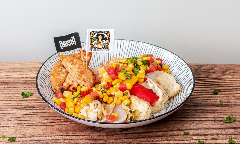 Chipotle NoChicken Burger with Corn salsa & Brown Rice