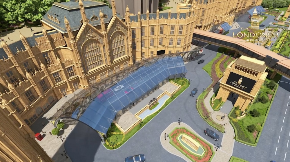 澳門倫敦人酒店外觀以英國西敏宮(Palace of Westminster)及國會大廈(House of Parliament)為設計藍圖。