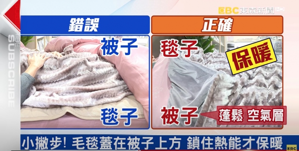 因為毛毯可以鎖住棉被帶來嘅熱能，如果先蓋毛毯，就會隔絕咗棉被提供嘅熱能。