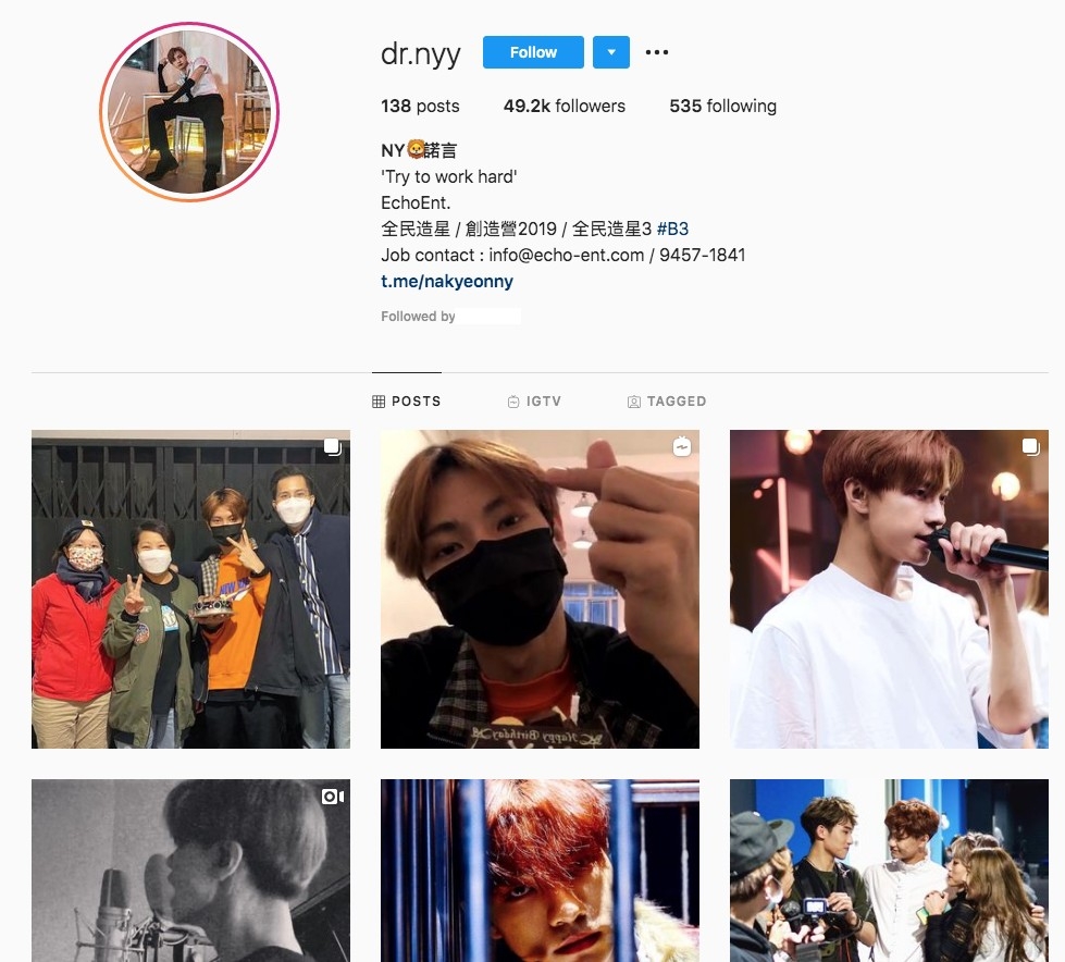 NY(鍾諾言)IG followers有49.2k