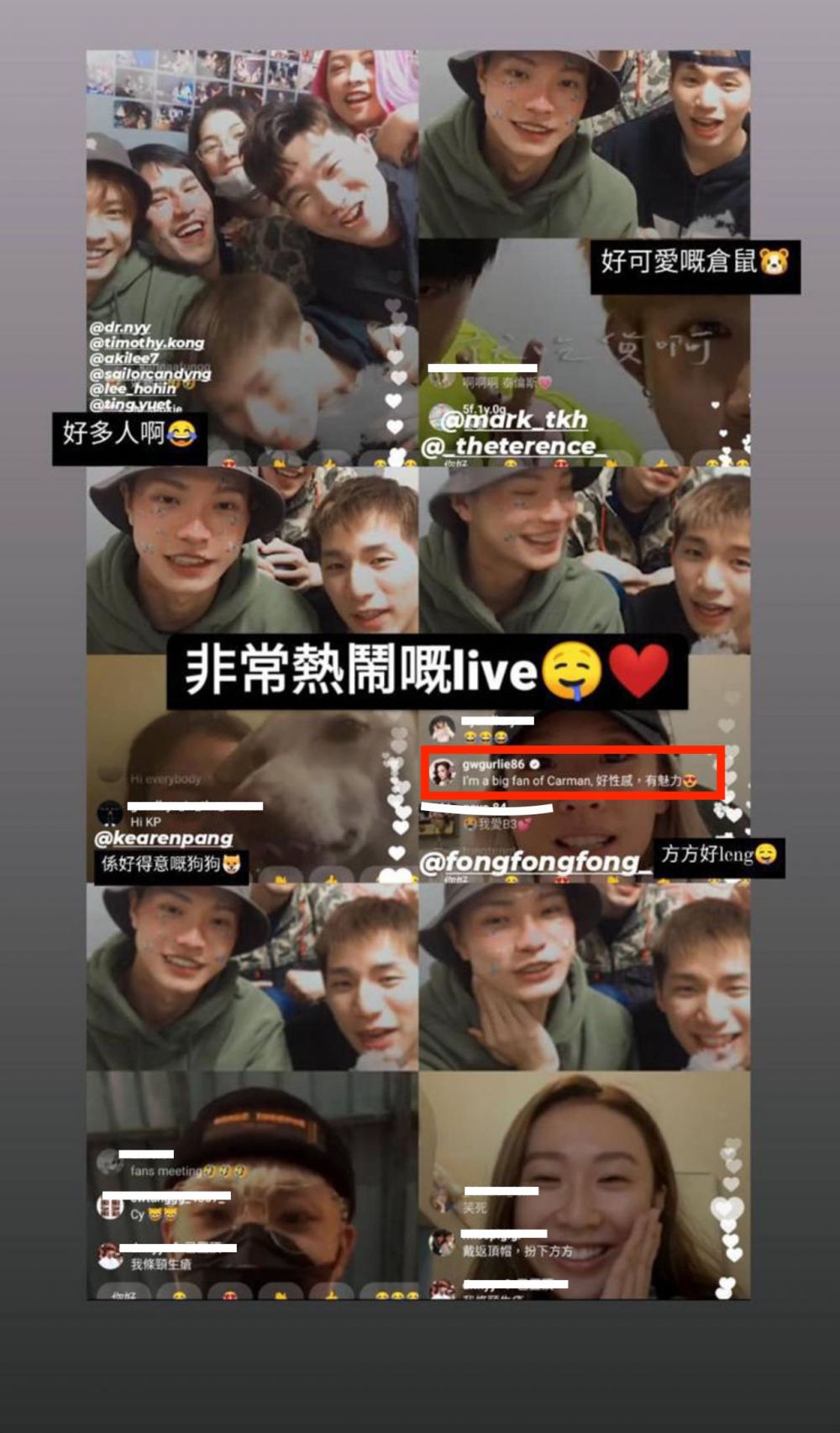 王君馨有收睇B組一班參賽者開live,更留言透露自己係關嘉敏(卡文)嘅big fan