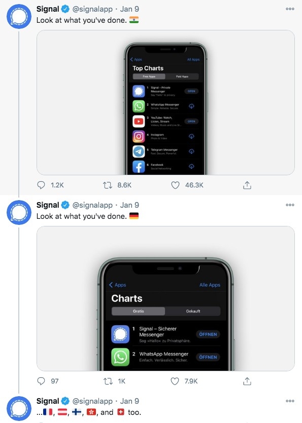 短短幾日,「Signal」即登上全球多地如瑞士、德國、香港、印度、法國等下載榜首位