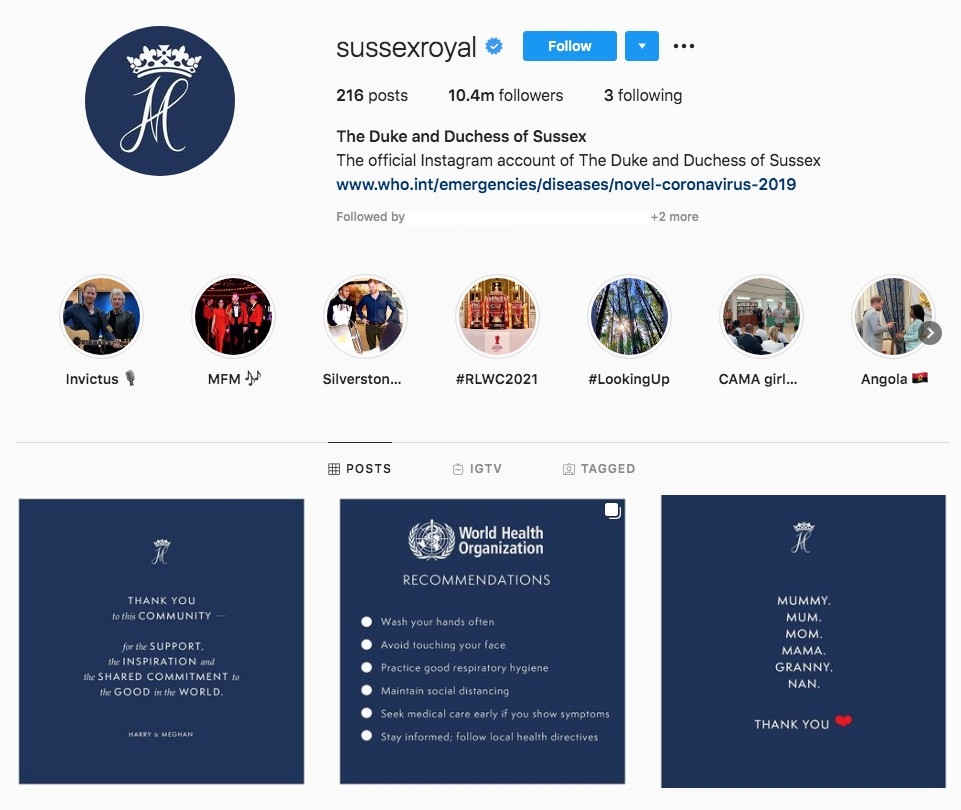 哈里梅根喺2019年喺Instagram開設官方賬戶「@SussexRoyal」，followers喺6小時內突破100萬，打破世界紀錄。