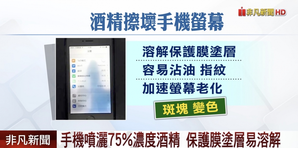 如果用高濃度酒精直接噴喺冇保護貼嘅手機度會破壞螢幕保護膜,溶解保護膜塗層。