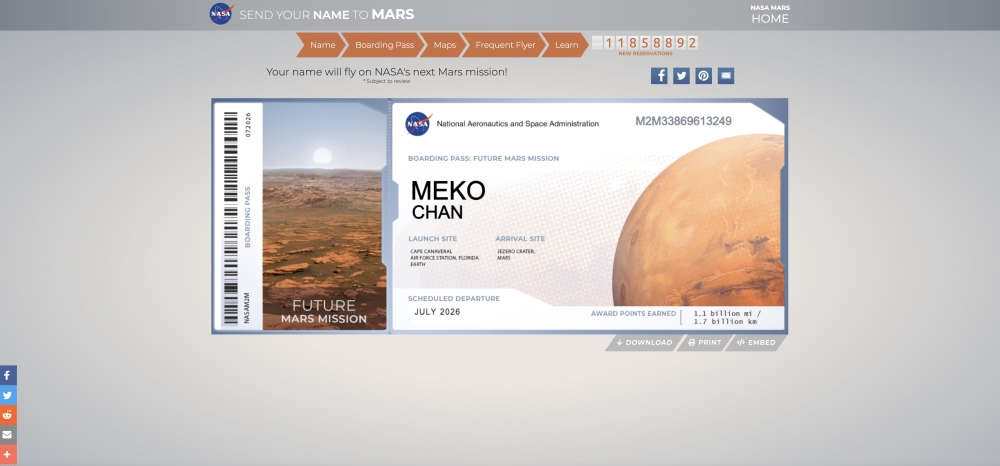 印有自己名字的虛擬「火星太空船票」