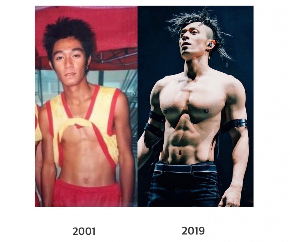 張相喺2001年影，當時得16、17歲嘅佢同朋友自信拎高件衫，20年前嘅周柏豪身型相當瘦削，不高隱約都睇到有少少少少腹肌