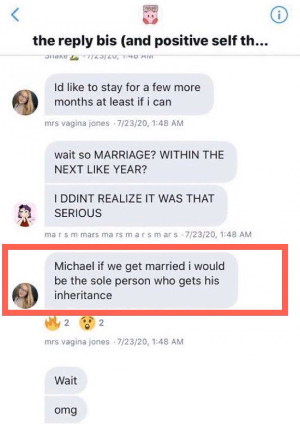Olivia嘅朋友就爆出佢哋嘅對話記錄,Olivia之所以會嫁畀Lee係因為「佢會成為唯一財產繼承人」。