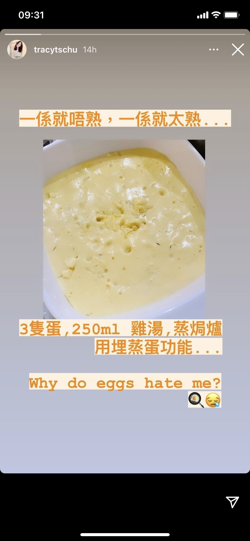 朱千雪於instagram出Post表示，使用蒸焗爐上的蒸蛋功能後，可見蛋內到外蒸得太過熟透。