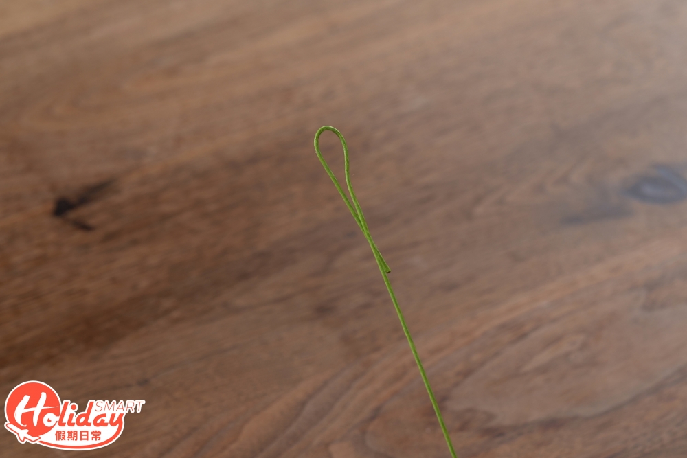 5.準備一條綠色鐵線,將鐵線前段屈曲。