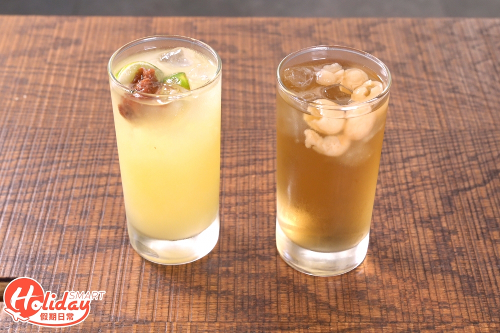 話梅桔仔茶（左）；桂圓冬瓜茶（右）
