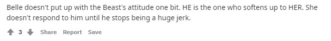 有人表示野獸喺改善態度前不獲貝兒理睬，所以貝兒先係關係中擁有話語權一方