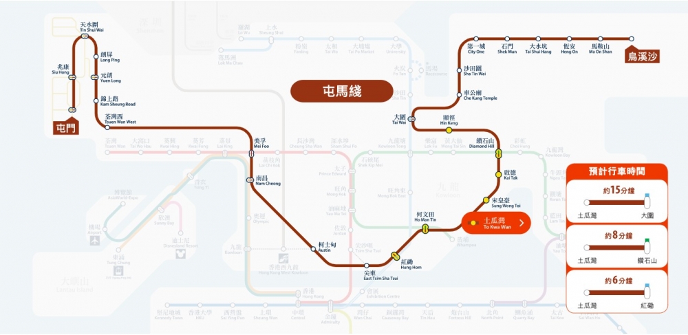 土瓜灣至大圍、鉆石山及紅磡的車程時間。