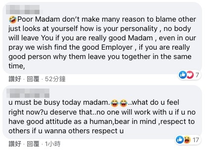 唔少英文留言就反駁佢指無人會想為一個態度差嘅人工作