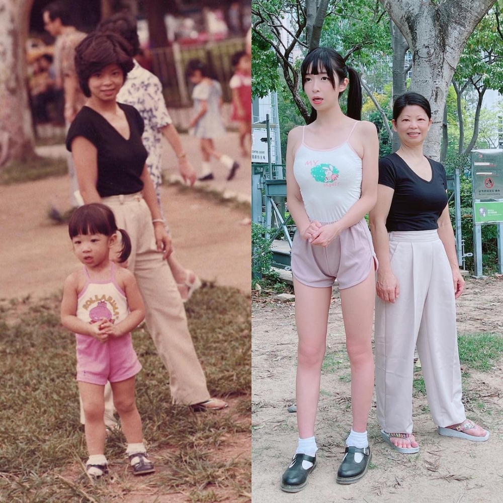 小時候與長大后的雪姨及媽媽。