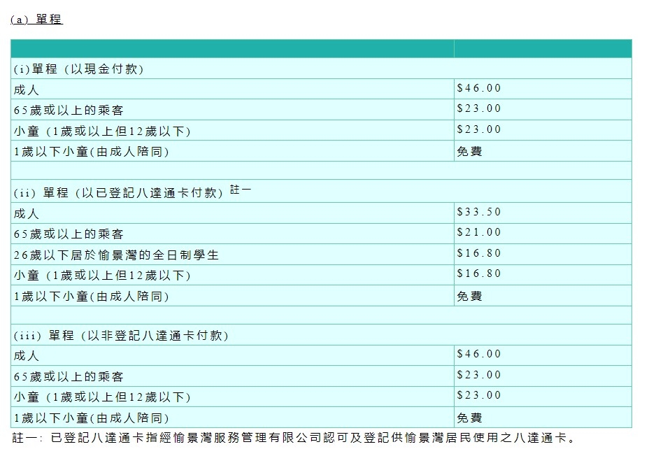 中環至愉景灣的船班收費表(單程)。