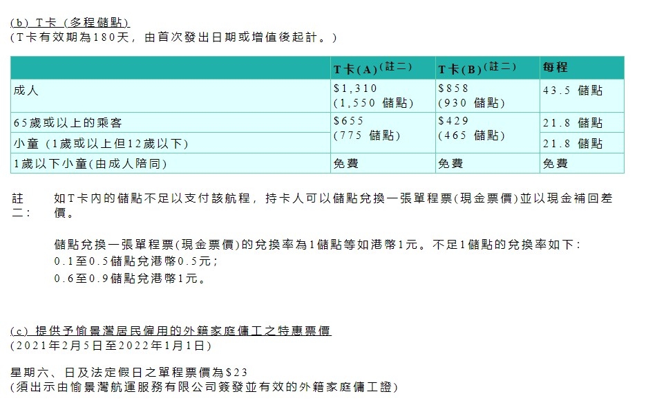 中環至愉景灣的船班收費表(T卡)。