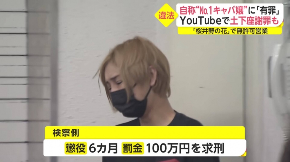 櫻井野之花被判6個月、緩刑3年、和罰款100萬日圓。