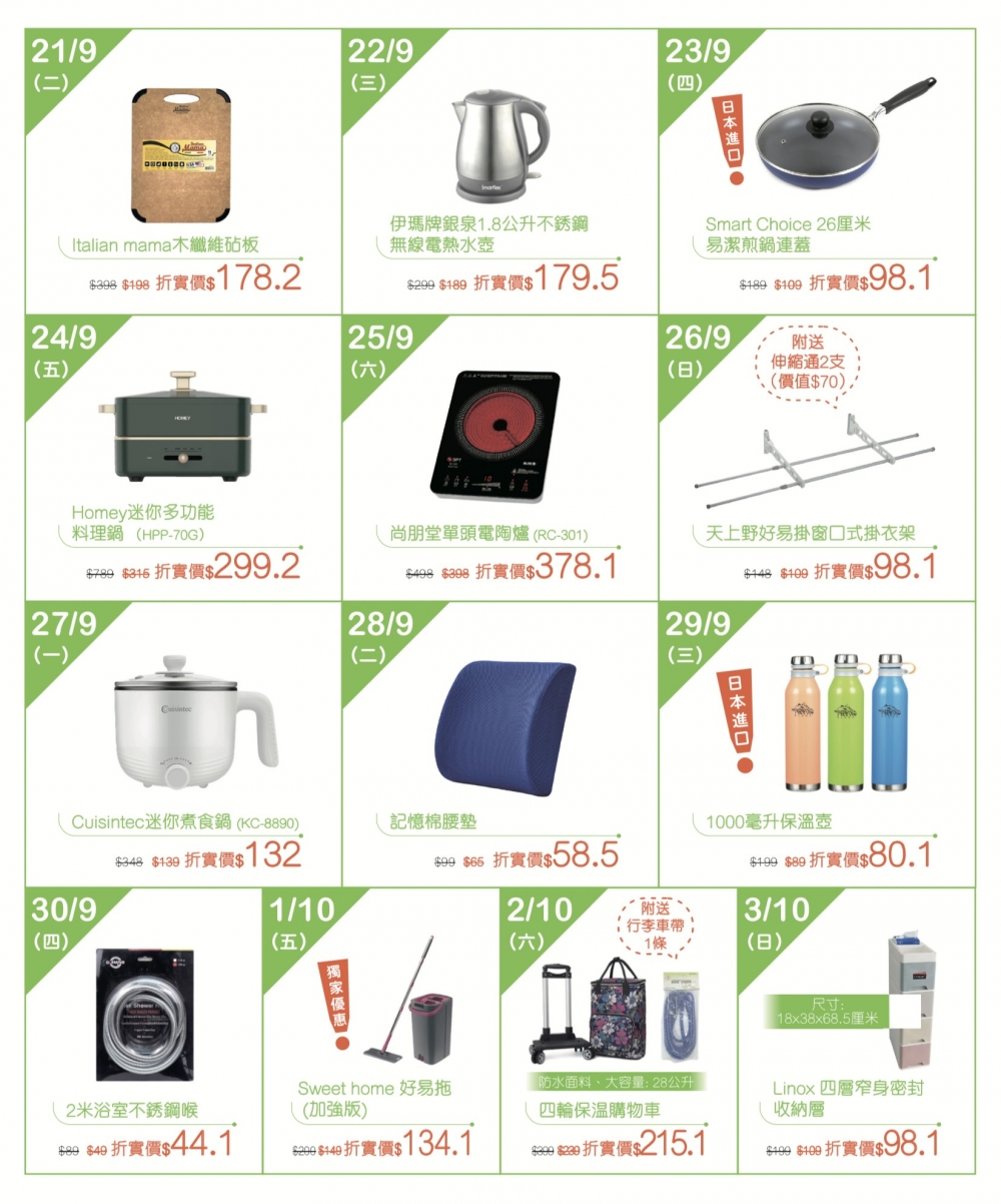 新店由即日起至10月3日更推出每日限定優惠,多款實用家品折上折,最平只是$44.1,其中推介獨家優惠的「Sweet home 好易拖」拖地套裝、 Gravity自然矯正座墊和美亞CIRCULON 28厘米易潔煎鍋等,款款抵買實用。