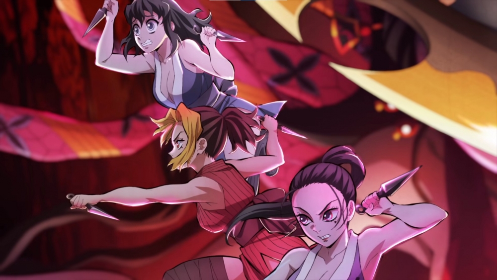 「音柱」宇髓天元共有三個老婆,分別為(由上至下)須磨、槙於和雛鶴。