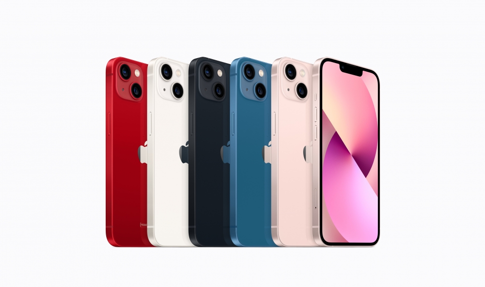 iPhone 13/13 mini推出午夜暗色、藍色、星光色、紅色及粉紅色。