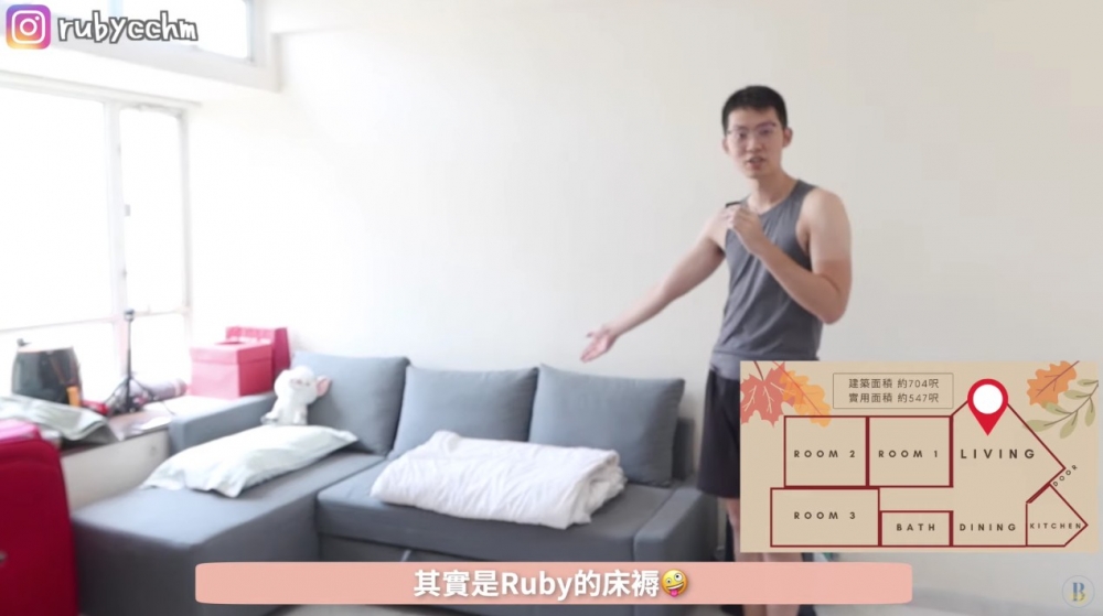 客廳有一張灰色梳化,可拉出變做床