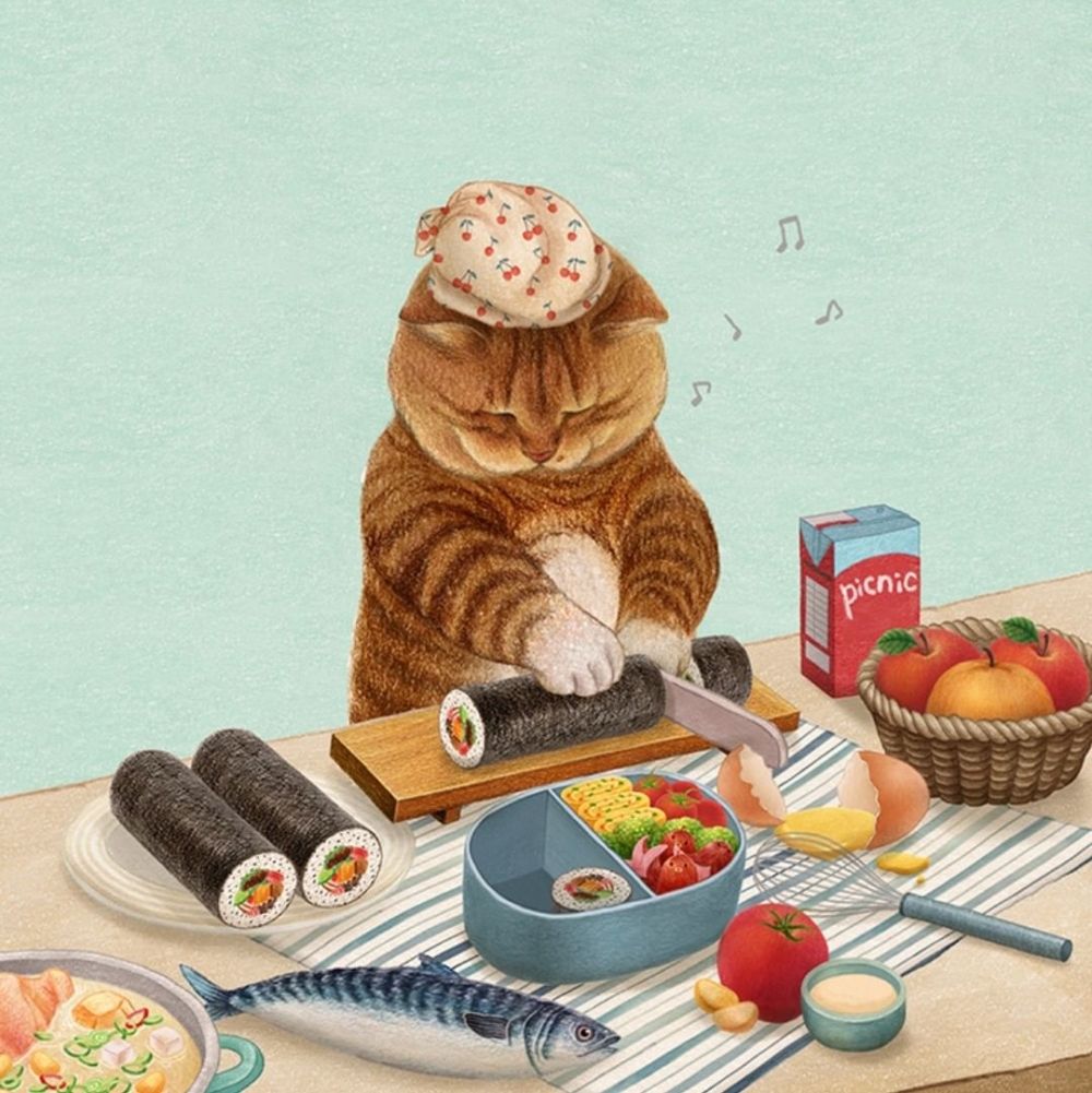 Nyangsongi不時在IG上載小貓畫作,將人的日常生活擬「貓」化。