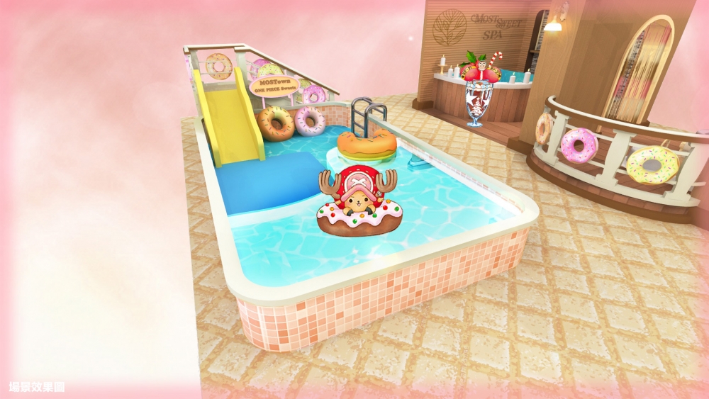 索柏在遊泳池輕鬆浮遊,還有小朋友最愛的滑梯!