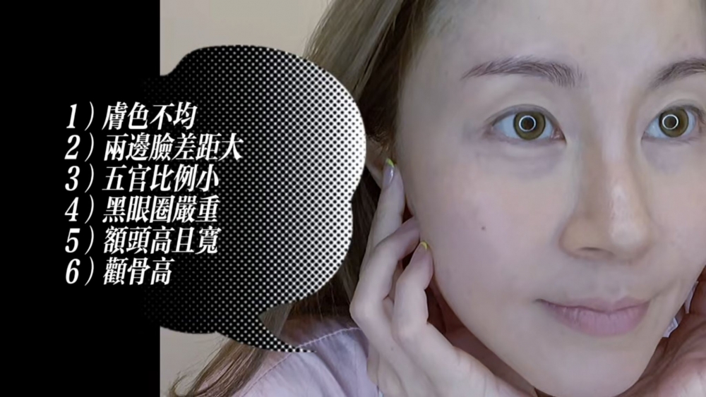 Theresa喺片頭分析咗佢面部6大問題:膚色不均、兩邊臉不對稱、五官比例小顯臉大、有嚴重黑眼圈、額頭高且寬、顴骨高。