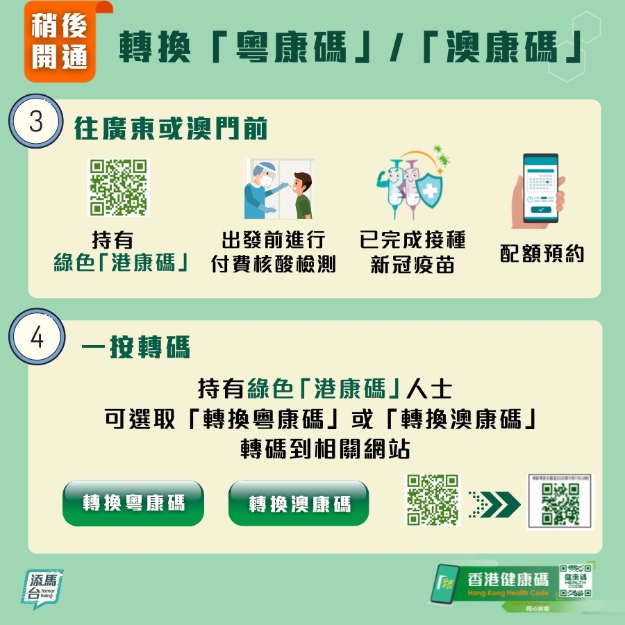 待豁免檢疫入境廣東省或澳門的措施推出後,只有持當天有效綠色「港康碼」,並符合其他特定條件人士,方可申請轉碼到「粵康碼」或「澳康碼」。