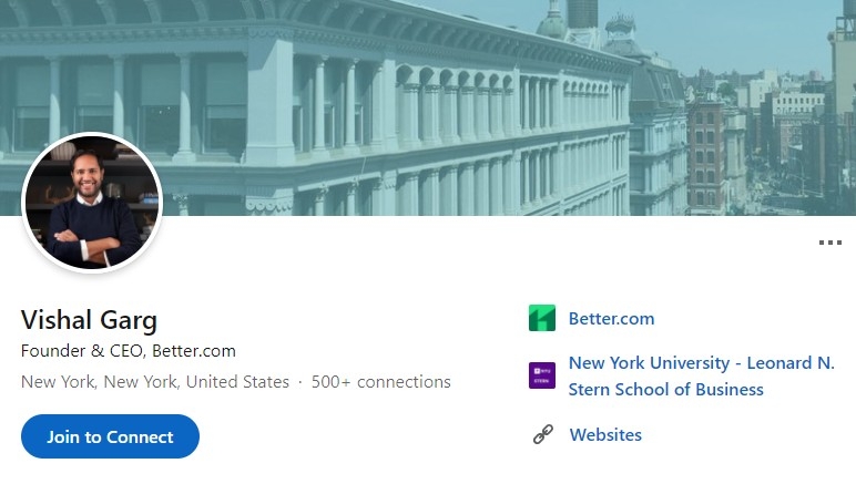Better.com 行政總裁 Vishal Garg在Linkedin嘅個人檔案