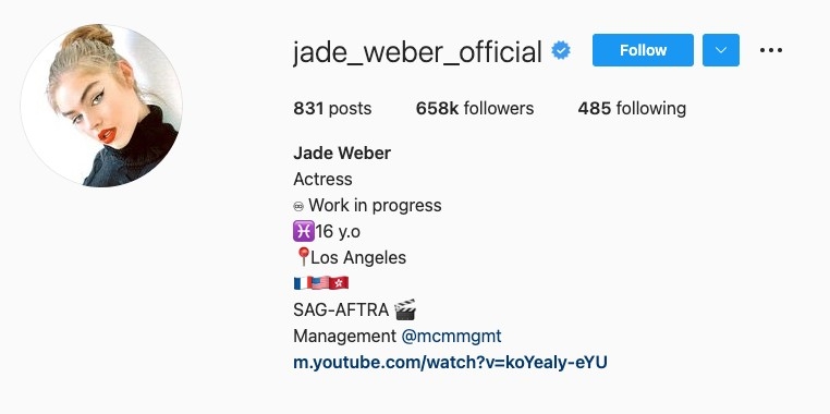 Jade Weber係喺香港出生嘅法國人，2005年出生嘅佢年僅16歲，依家係一名模特兒