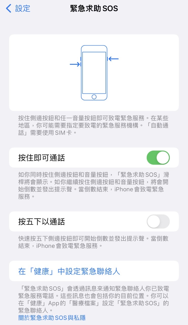 iOS 15.2更新版本增強「SOS緊急服務」功能,加入「按住通話」和「按五下通話」的新功能開關。