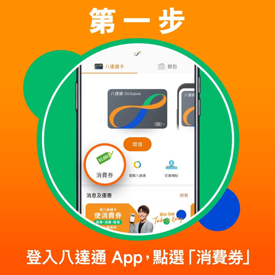八達通手機應用程式查閱消費券方法：登入八達通App，點選「消費券」。