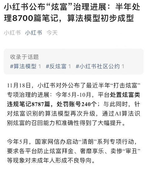 內地社交平台小紅書亦禁止炫富行為!