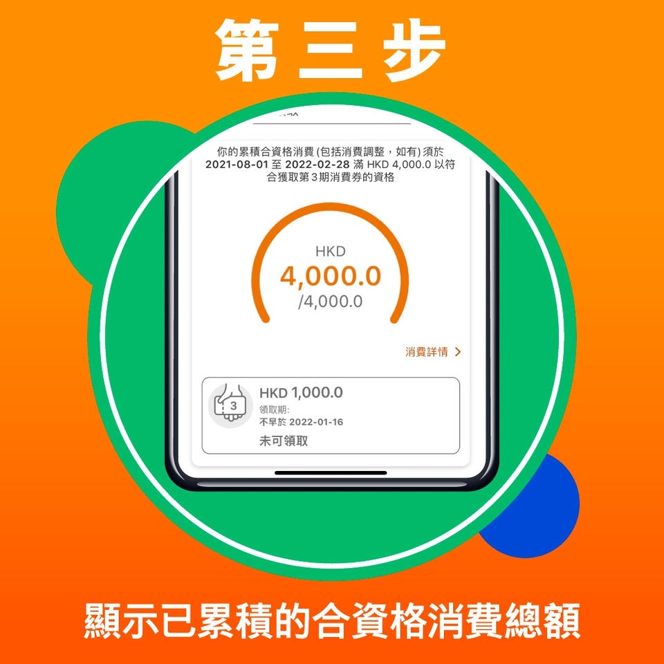 八達通手機應用程式查閱消費券方法：顯示已累計的合資格消費總額。