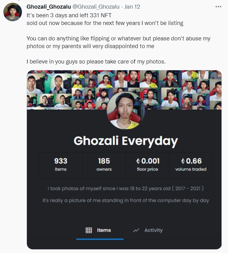 Ghozali Ghozalo日前在Twitter宣佈其自拍NFT已售罄,亦再不會上載新自拍NFT