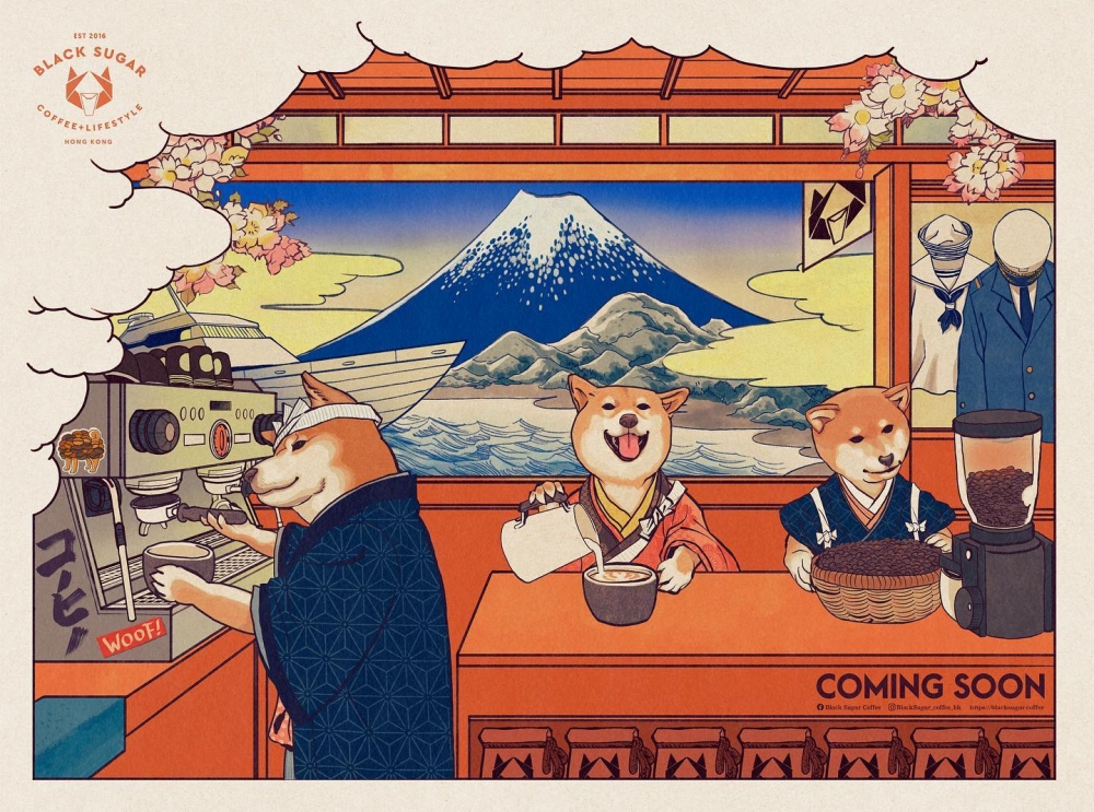 最吸睛的一定是柴犬黑糖、糖妹與熊仔糖化身日本職人在富士山下沖咖啡的打卡位壁畫。