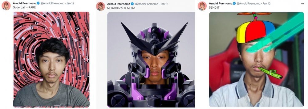 印尼廚師KOL Arnold Poernomo以搞笑形式惡搞Ghozali Ghozalo嘅自拍NFT