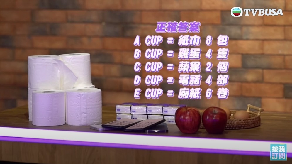 節目將不同cup數重量比喻成各種物件
