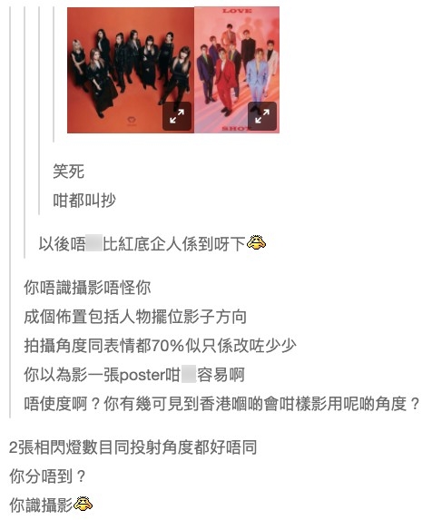 但有疑似係做攝影行業嘅網民就稱:「成個佈置包括人物擺位影子方向、拍攝角度同表情都70%似只係改咗少少」