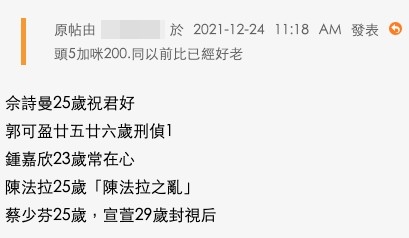 有網友直言50強花旦頭5位:姚子羚、唐詩詠、陳自瑤、譚凱琪同李佳芯嘅年齡加埋已有200歲