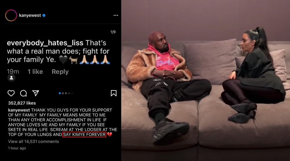 Kanye竟然在帖文中請大家為佢同前妻打氣，更將二人名字混合成Kimye。