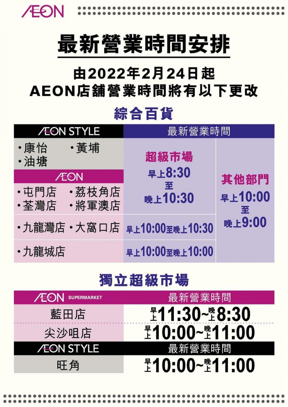 其他部門營業時間將改為早上10時至晚上9時休息。