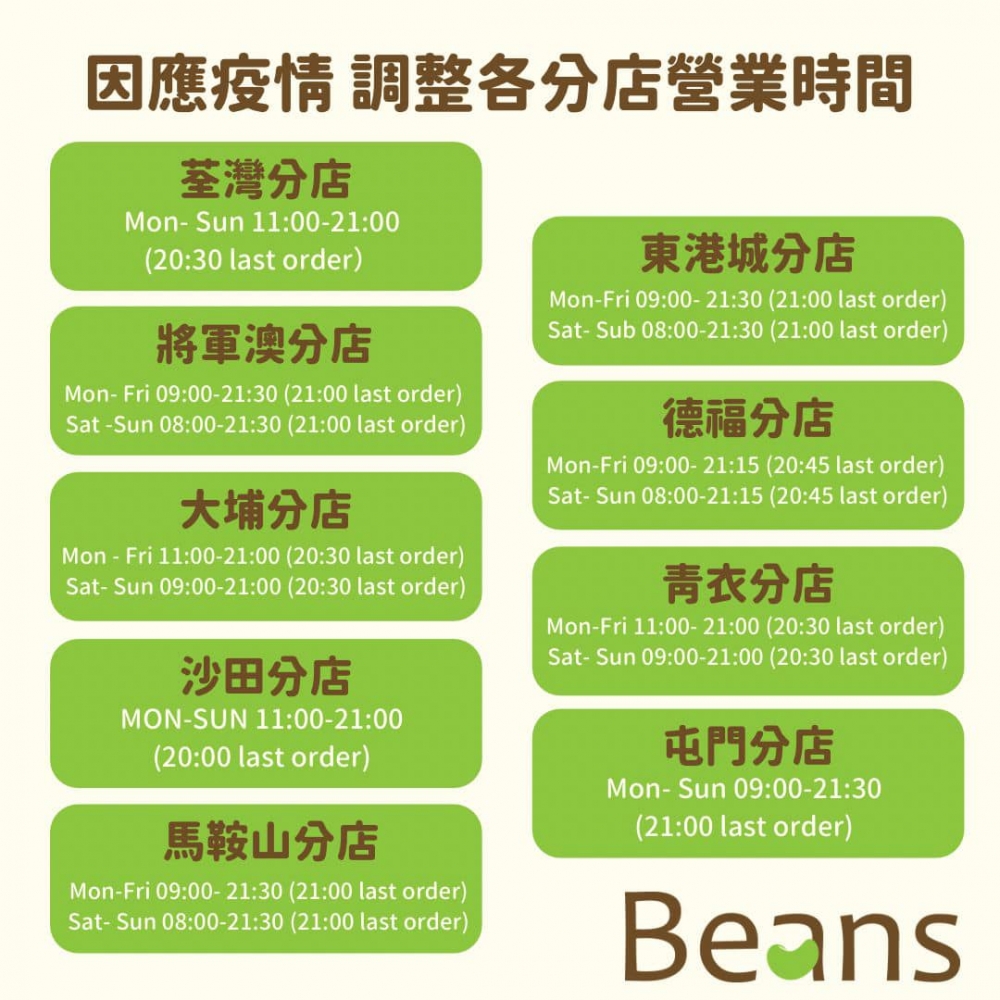 因應疫情，Beans分店營業時間也作出調整。