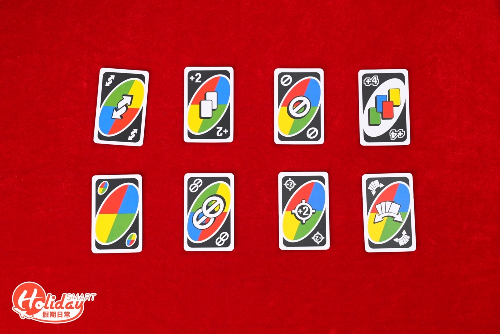 NO All Wild總共有8款卡牌，保留舊有的Draw 2、Draw 4、Skip、Reverse和Wild牌，新增Wild Skip 2、Wild Targeted Draw 2及Wild Force Swap 3款全新功能牌。