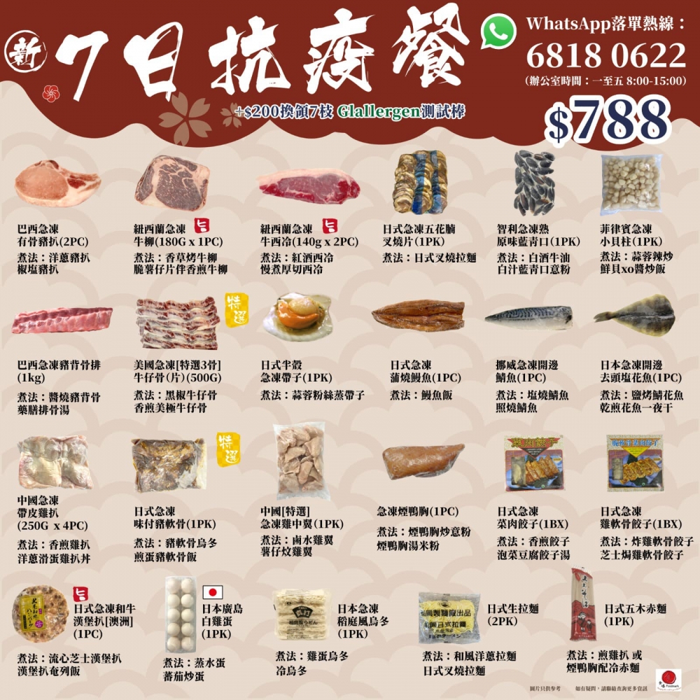 網購食材專門店「食嘜」眼見不少人因為疫情無法外出買菜，所以特意推出「七日抗疫餐」，包齊一日三 餐，共有3款套餐選擇，套餐最平$788，包一星期食材，即是21餐的份量，平均每餐只需$33。